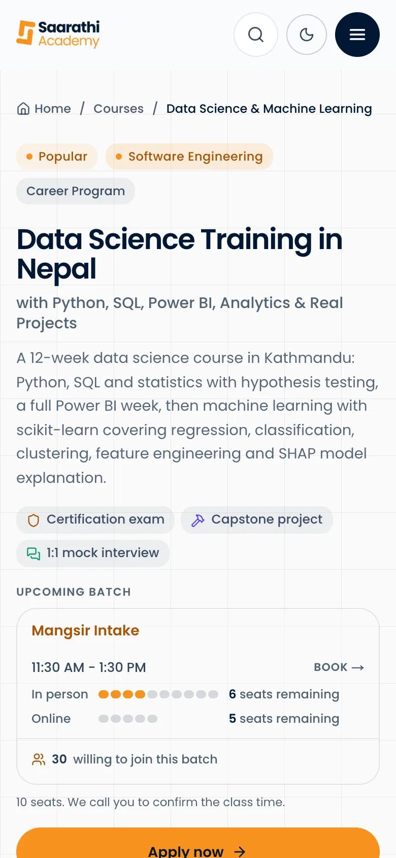 A course page with live seats on a phone