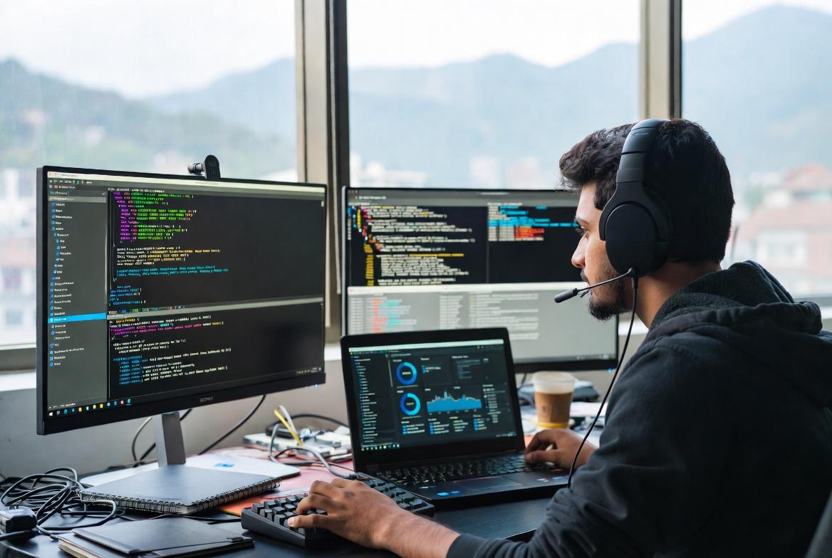 "Ethical hacking and cyber security in Nepal: Young Nepali penetration tester working with Kali Linux in Kathmandu offic