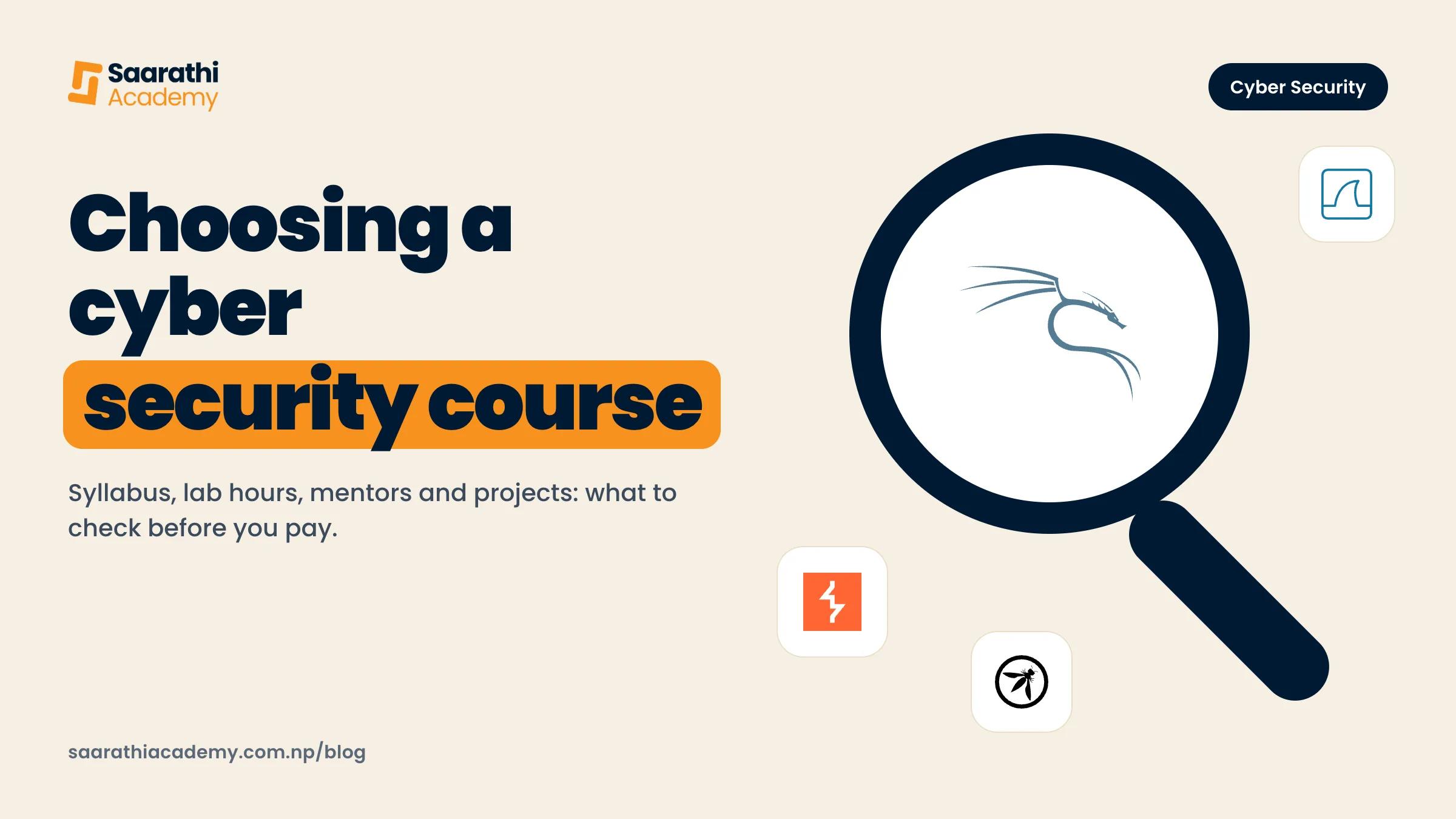Choosing a cyber security course, a magnifier over the Kali Linux logo with Burp Suite, Wireshark and OWASP