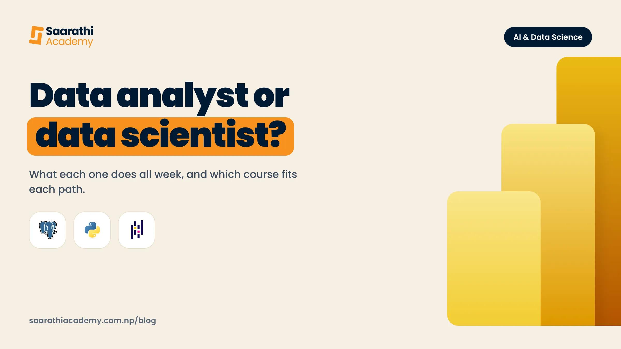 Data analyst or data scientist, with the Power BI, PostgreSQL, Python and pandas logos