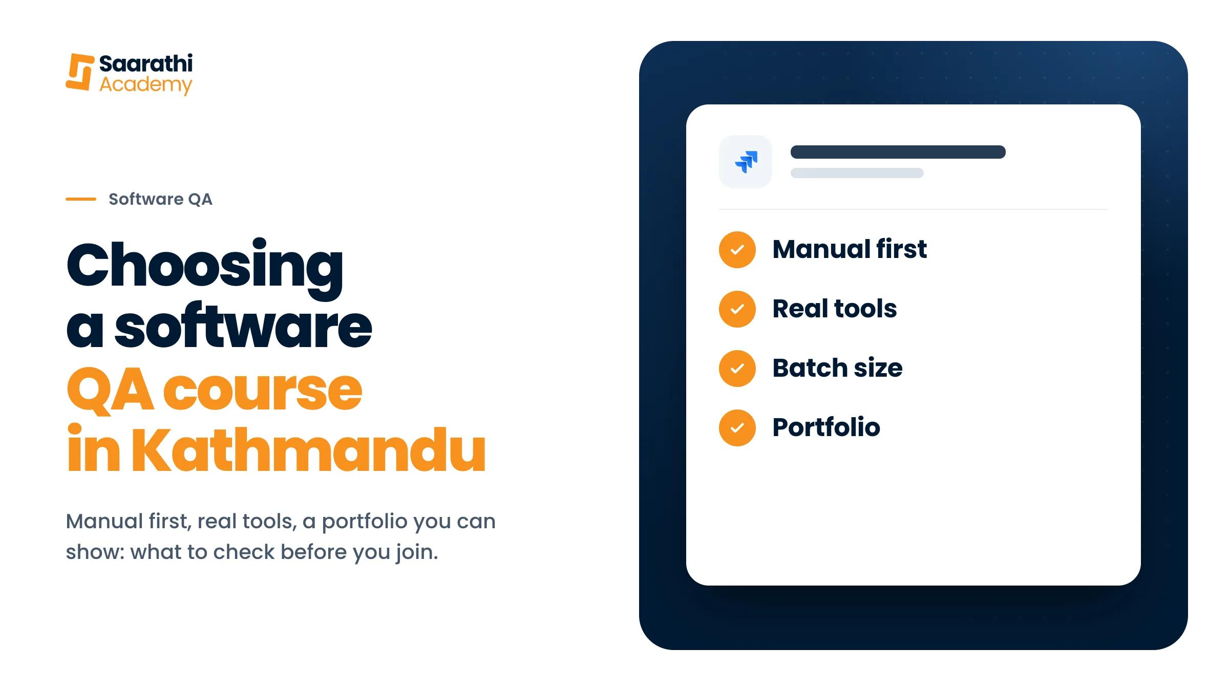 Checklist for choosing a software QA course in Kathmandu, with Jira, Postman, Playwright and Selenium